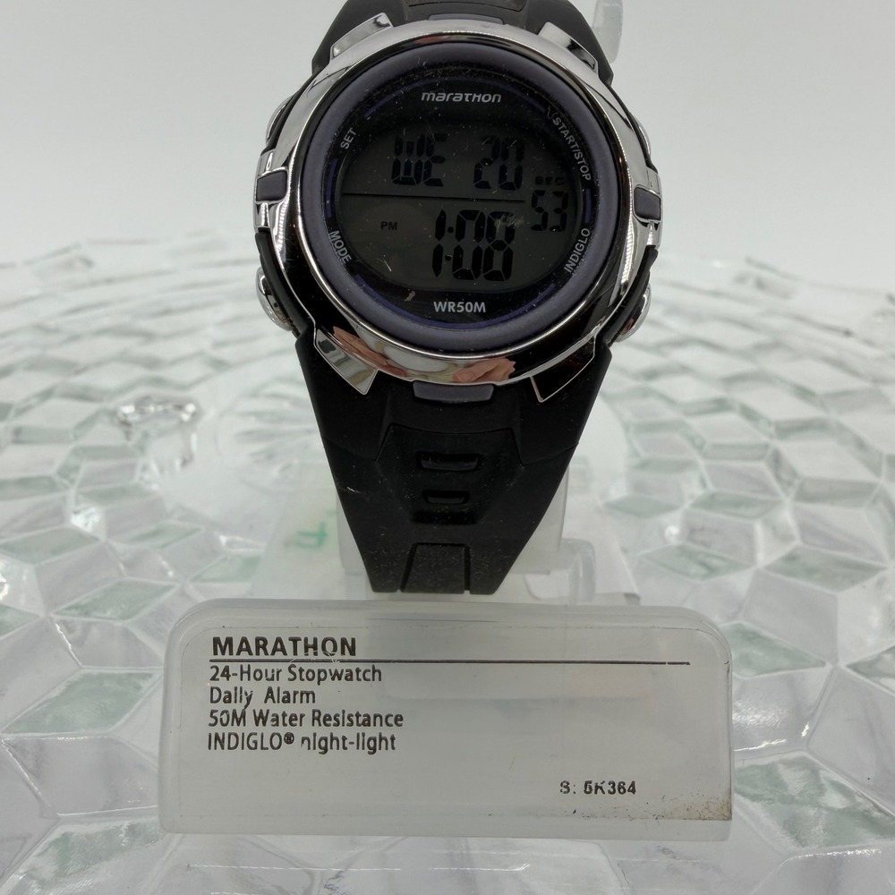 Marathon Digital Watch 24hr Stopwatch Alarm WR50M Indiglo Night Light Blk‎ Strap